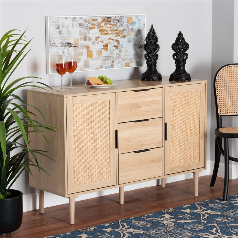 Baxton Studio Harrison Natural Brown Wood and Natural Rattan 3-Drawer Sideboard