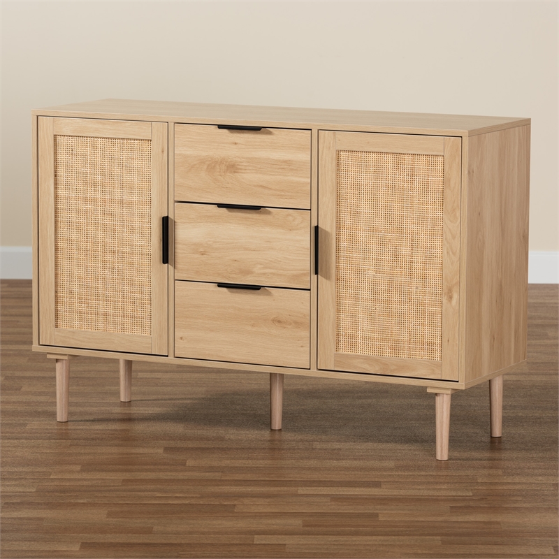 Baxton Studio Harrison Natural Brown Wood and Natural Rattan 3-Drawer Sideboard