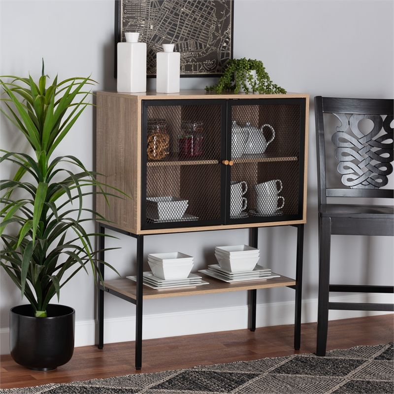 Baxton Studio Asher Natural Brown Wood and Black Metal 2-Door Sideboard