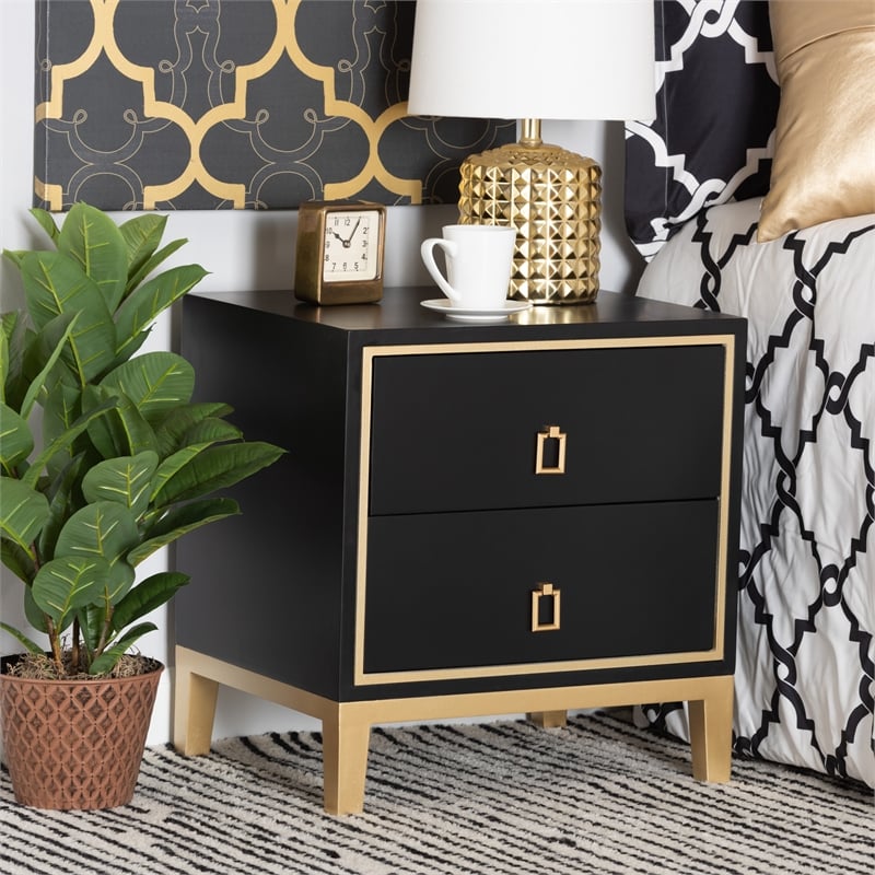 Baxton Studio Donald Black Finished Wood and Gold Metal 2-Drawer End Table