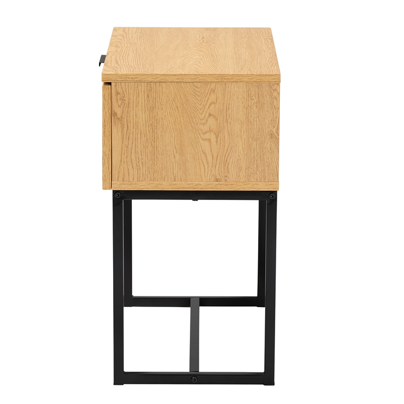 Baxton Studio Sawyer Brown Wood and Black Metal 1-Drawer End Table with Rattan