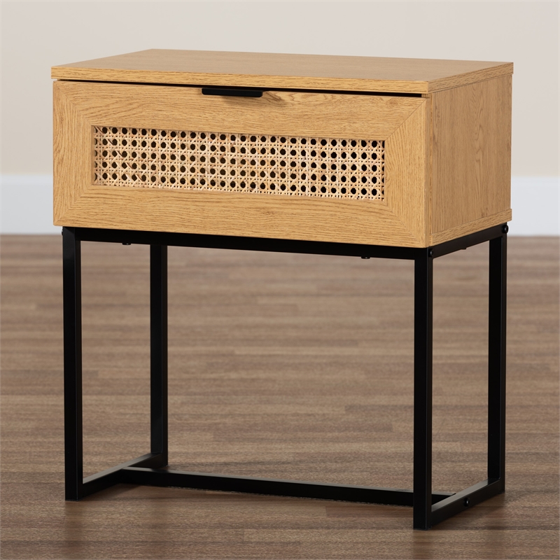 Baxton Studio Sawyer Brown Wood and Black Metal 1-Drawer End Table with Rattan