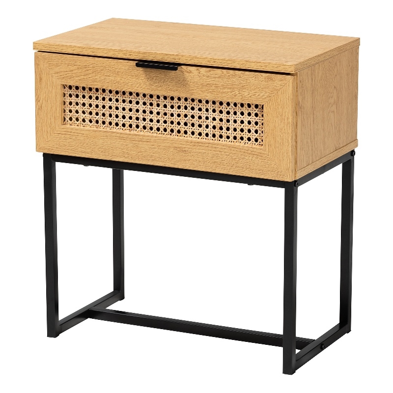 Baxton Studio Sawyer Brown Wood and Black Metal 1-Drawer End Table with Rattan