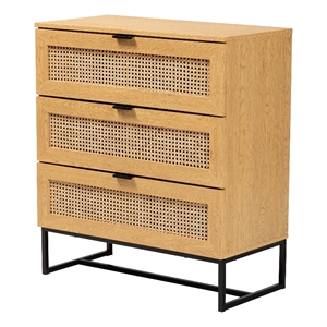 baxton studio sawyer brown wood and black metal 3-drawer cabinet with rattan