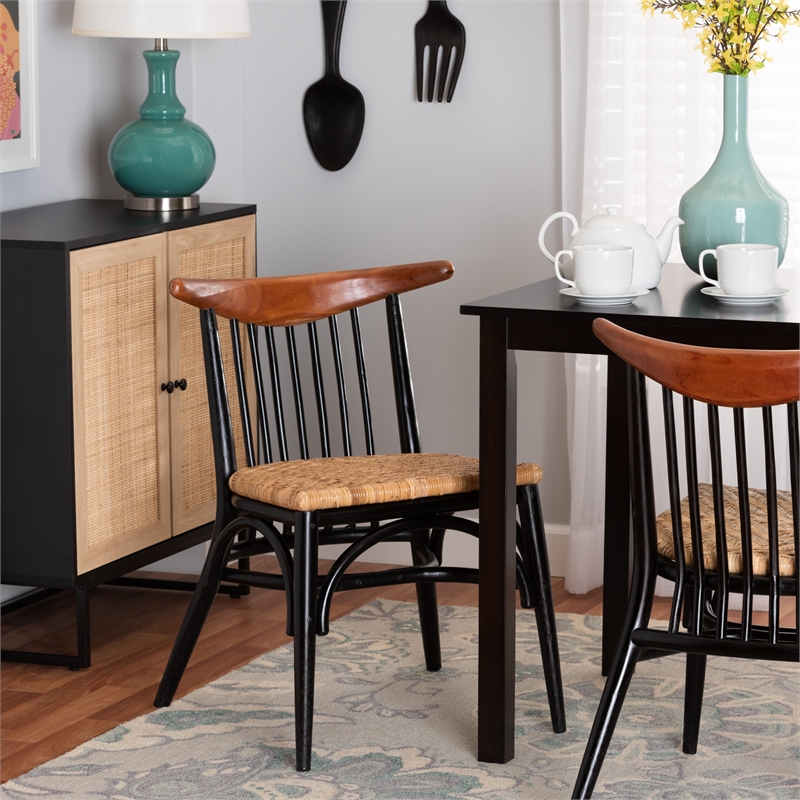 Baxton Studio Parthenia Two-Tone Black and Brown Wood and Rattan Dining Chair
