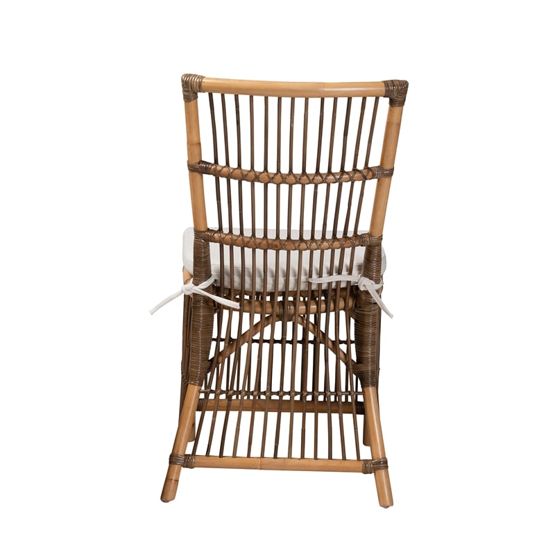 Baxton Studio Kim White Fabric and Natural Brown Rattan Dining Chair