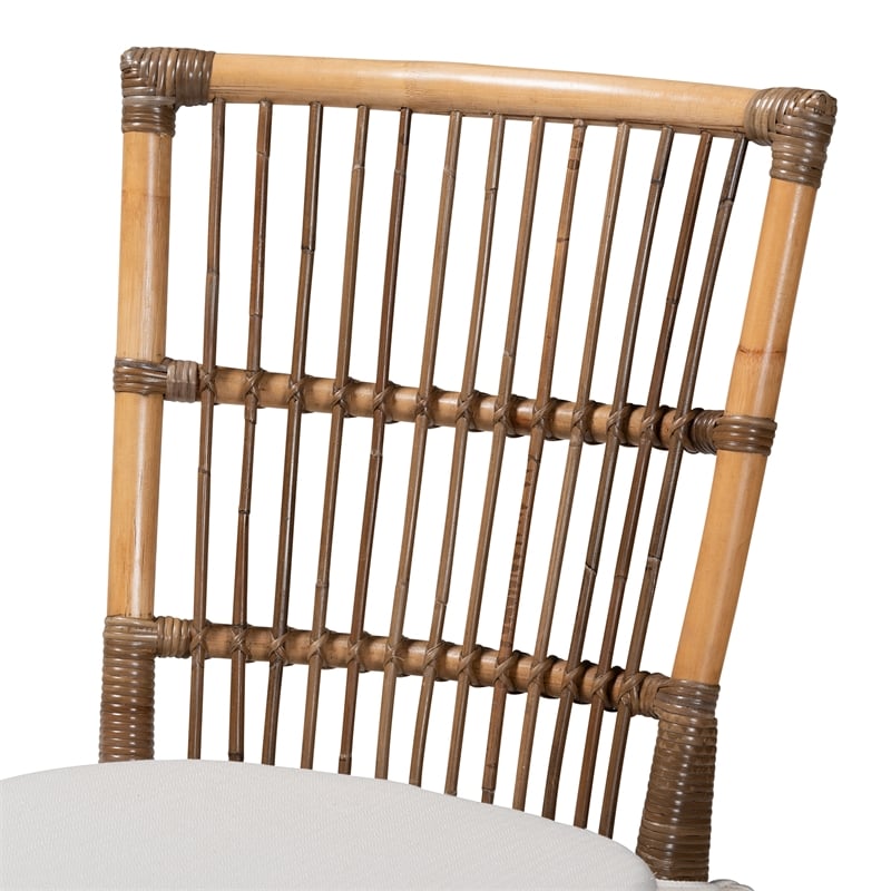 Baxton Studio Kim White Fabric and Natural Brown Rattan Dining Chair