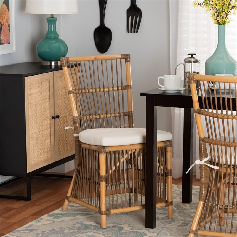 Baxton Studio Kim White Fabric and Natural Brown Rattan Dining Chair