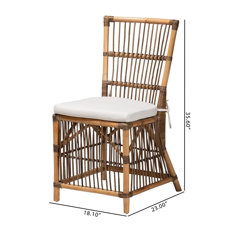 Baxton Studio Kim White Fabric and Natural Brown Rattan Dining Chair