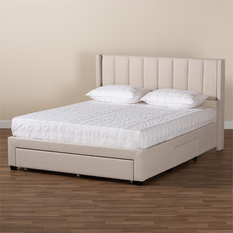 Baxton Studio Coronado Beige Fabric Full Size 3-Drawer Storage Platform Bed