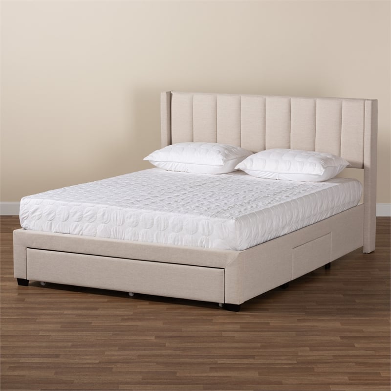 Baxton Studio Coronado Beige Fabric Queen Size 3-Drawer Storage Platform Bed