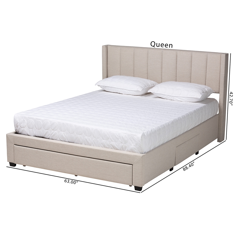 Baxton Studio Coronado Beige Fabric Queen Size 3-Drawer Storage Platform Bed