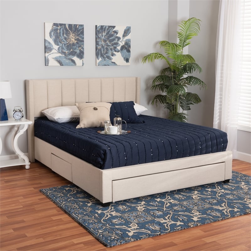 Baxton Studio Coronado Beige Fabric Queen Size 3-Drawer Storage Platform Bed