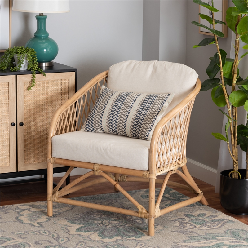 Baxton Studio Patsy White Fabric and Natural Brown Rattan Armchair