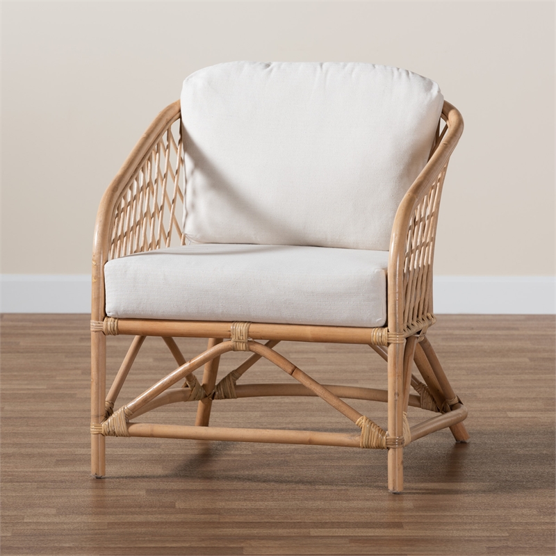 Baxton Studio Patsy White Fabric and Natural Brown Rattan Armchair