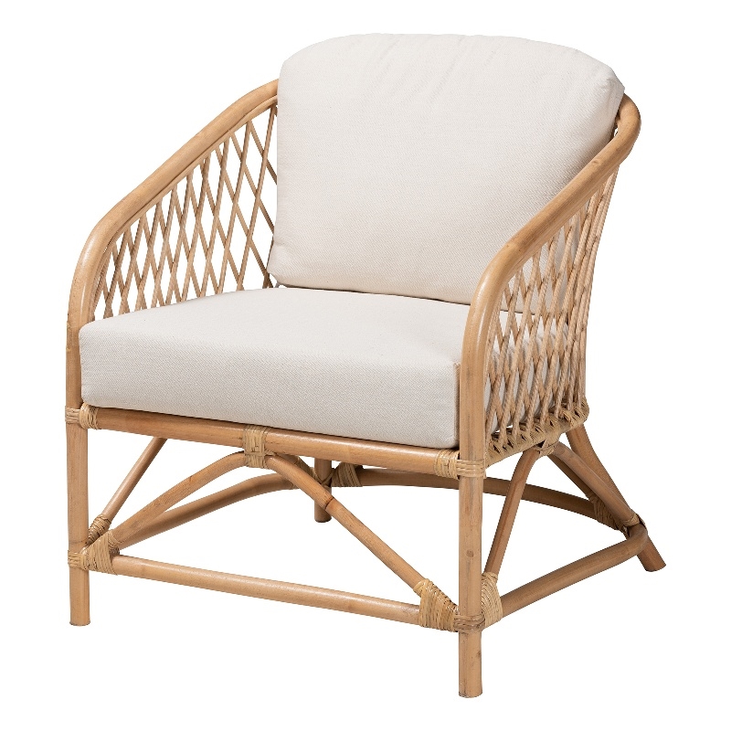 Baxton Studio Patsy White Fabric and Natural Brown Rattan Armchair