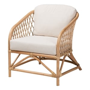 Baxton Studio Patsy White Fabric and Natural Brown Rattan Armchair