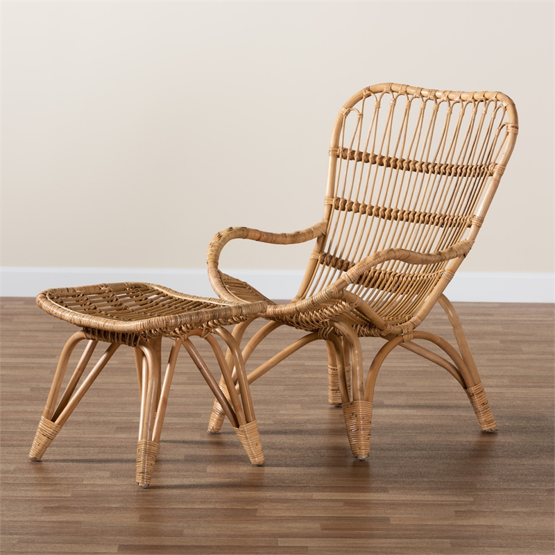 Baxton Studio Earvin Natural Brown Rattan 2-Piece Armchair and Footstool Set