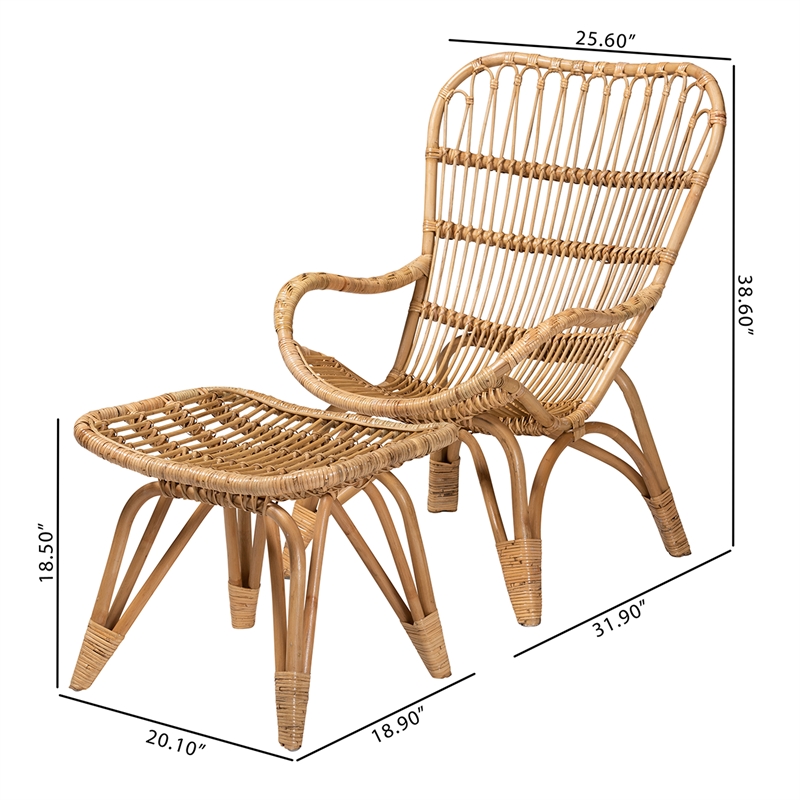 Baxton Studio Earvin Natural Brown Rattan 2-Piece Armchair and Footstool Set