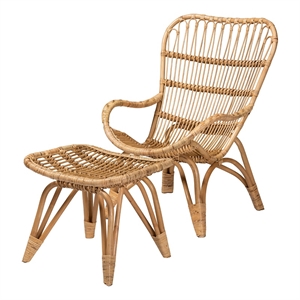 baxton studio earvin natural brown rattan 2-piece armchair and footstool set