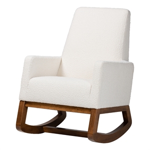 Baxton Studio Yashiya White Boucle Upholstered and Brown Wood Rocking Chair