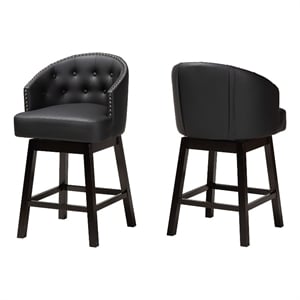 Baxton Studio Theron Black Faux Leather and Brown Wood 2-Piece Counter Stool Set