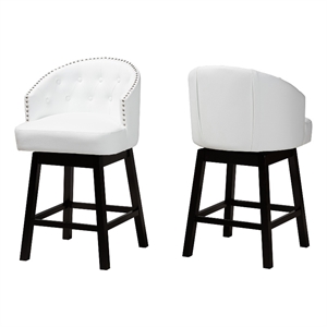 Baxton Studio Theron White Faux Leather and Brown Wood 2-Piece Counter Stool Set