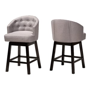 Baxton Studio Theron Gray Fabric and Brown Wood 2-Piece Swivel Counter Stool Set