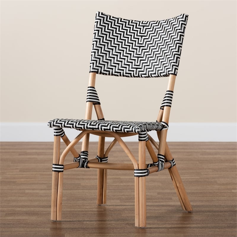 Baxton Studio Wagner Black and White Weaving and Natural Rattan Bistro Chair