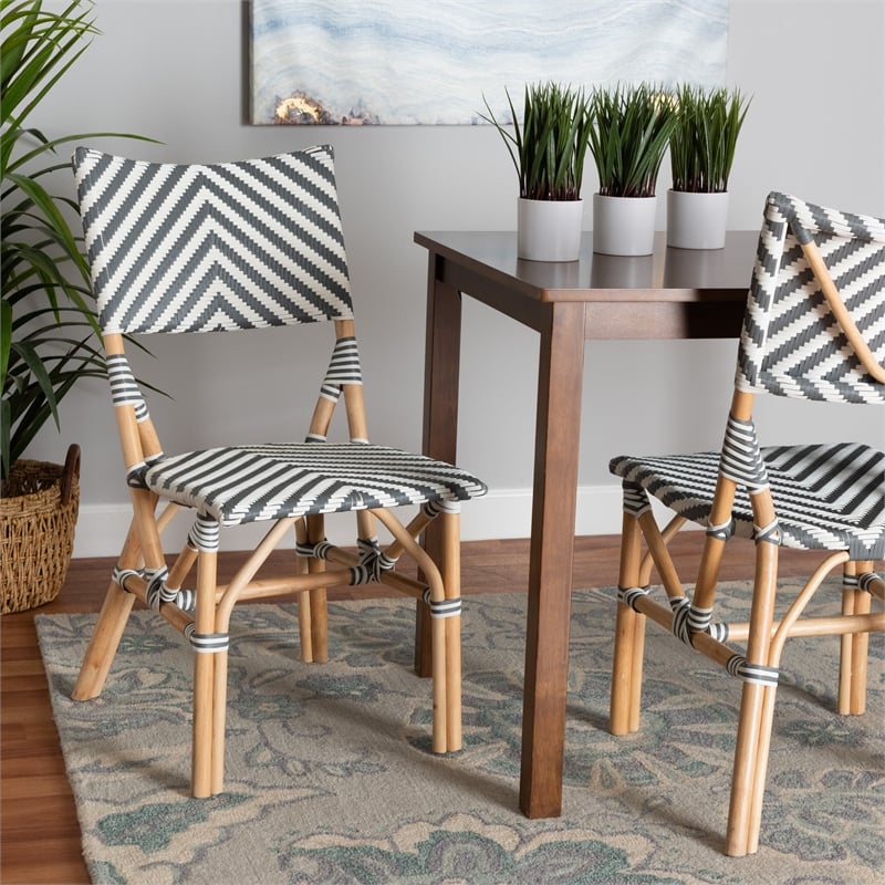 Baxton Studio Shai Gray and White Weaving and Natural Rattan Bistro Chair