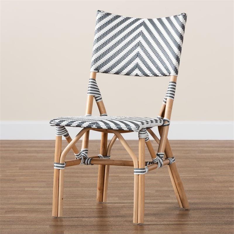Baxton Studio Shai Gray and White Weaving and Natural Rattan Bistro Chair