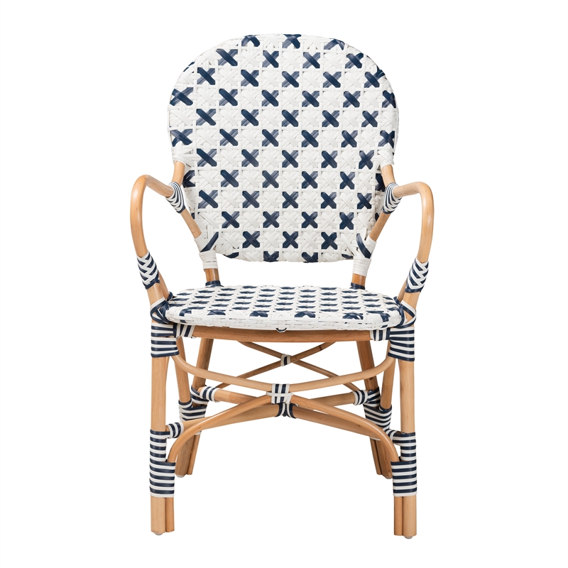 Baxton Studio Bryson Blue and White Weaving and Natural Rattan Bistro Chair