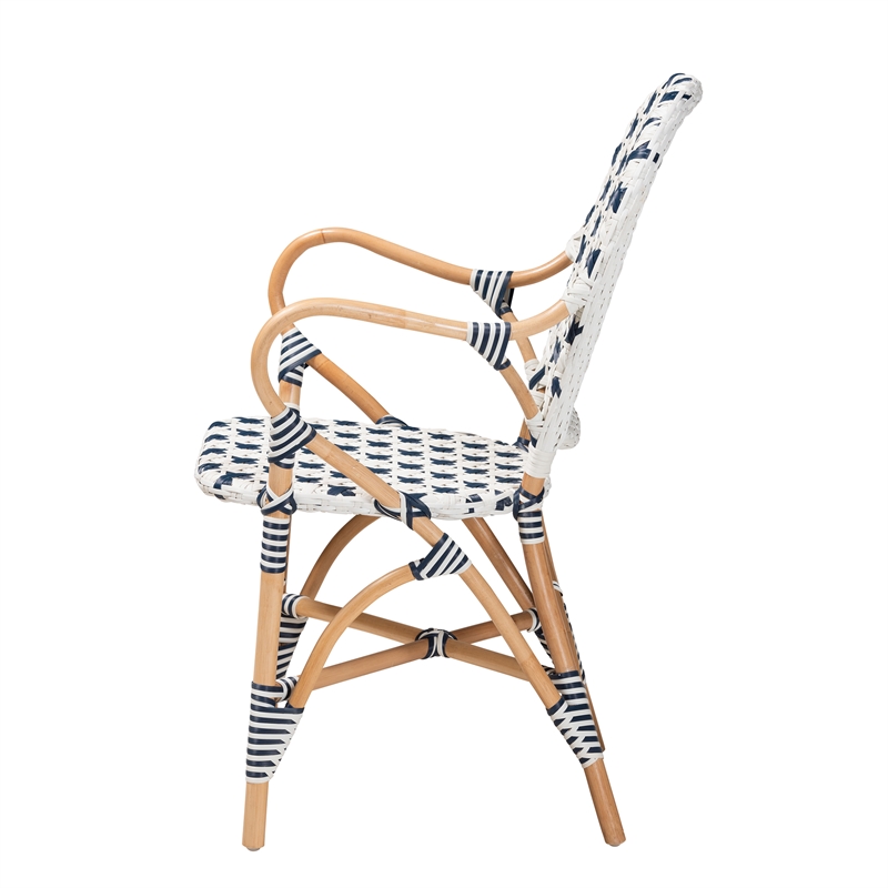 Baxton Studio Bryson Blue and White Weaving and Natural Rattan Bistro Chair