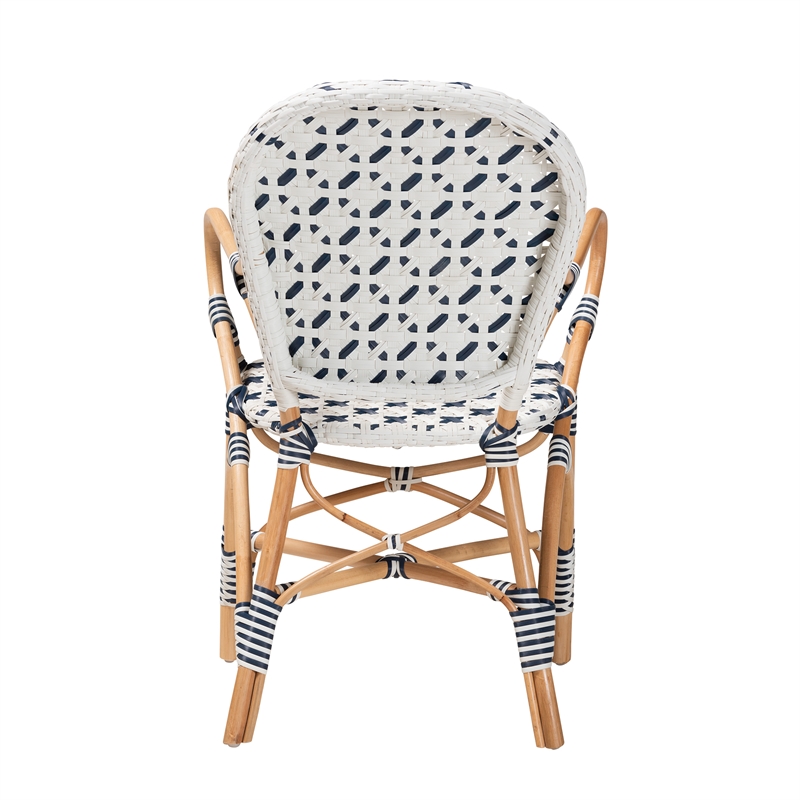 Baxton Studio Bryson Blue and White Weaving and Natural Rattan Bistro Chair