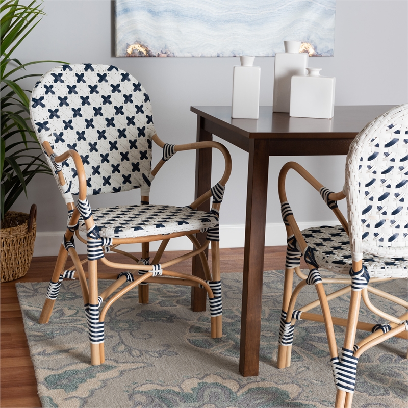 Baxton Studio Bryson Blue and White Weaving and Natural Rattan Bistro Chair