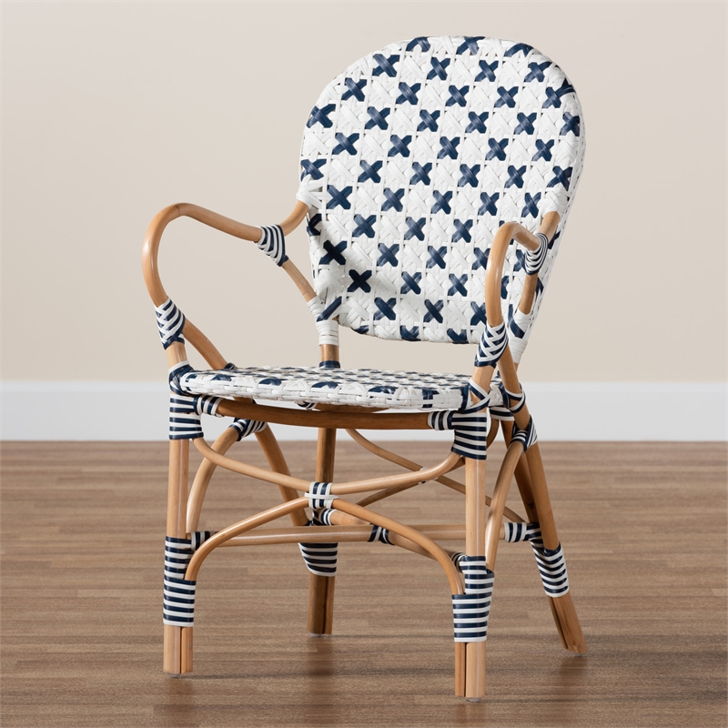 Baxton Studio Bryson Blue and White Weaving and Natural Rattan Bistro Chair