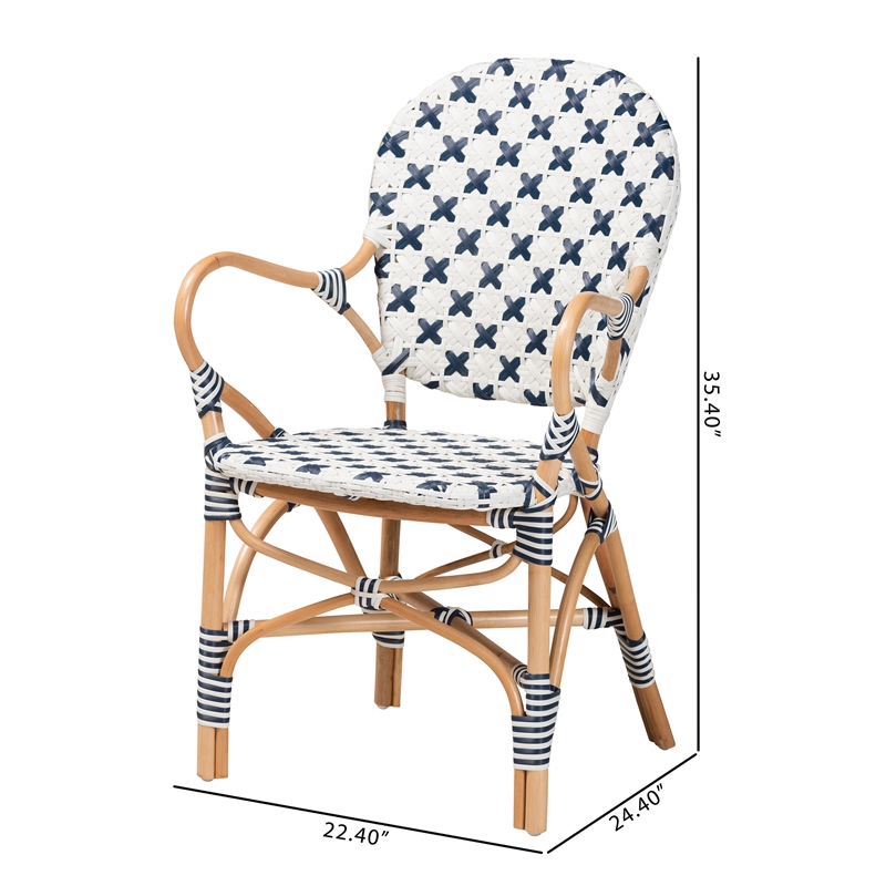 Baxton Studio Bryson Blue and White Weaving and Natural Rattan Bistro Chair