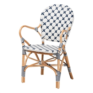 Baxton Studio Bryson Blue and White Weaving and Natural Rattan Bistro Chair