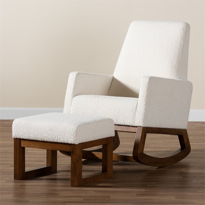 Baxton Studio Yashiya White Upholstered Brown Wood 2-Piece Chair and Ottoman Set