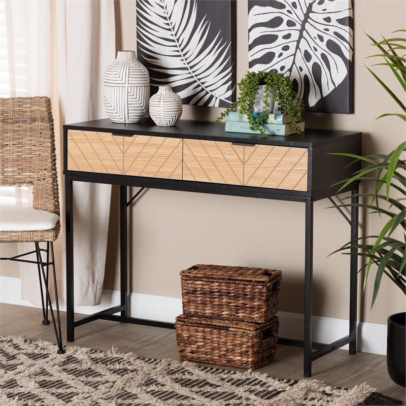 Baxton Studio Jacinth Two-Tone Brown Wood and Black Metal 2-Drawer Console Table