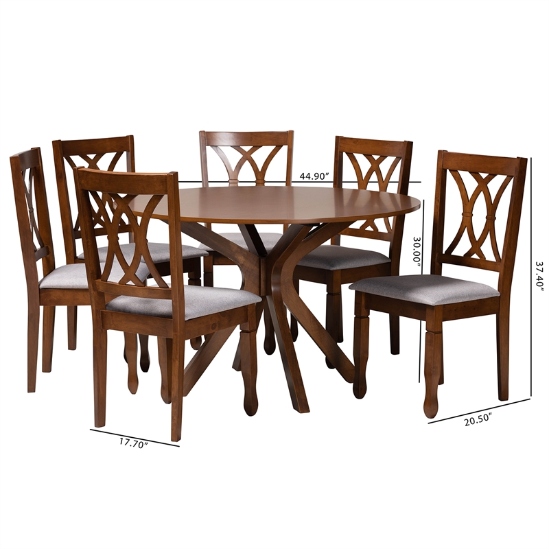 Baxton Studio Maya Grey Fabric and Walnut Brown Wood 7-Piece Dining Set