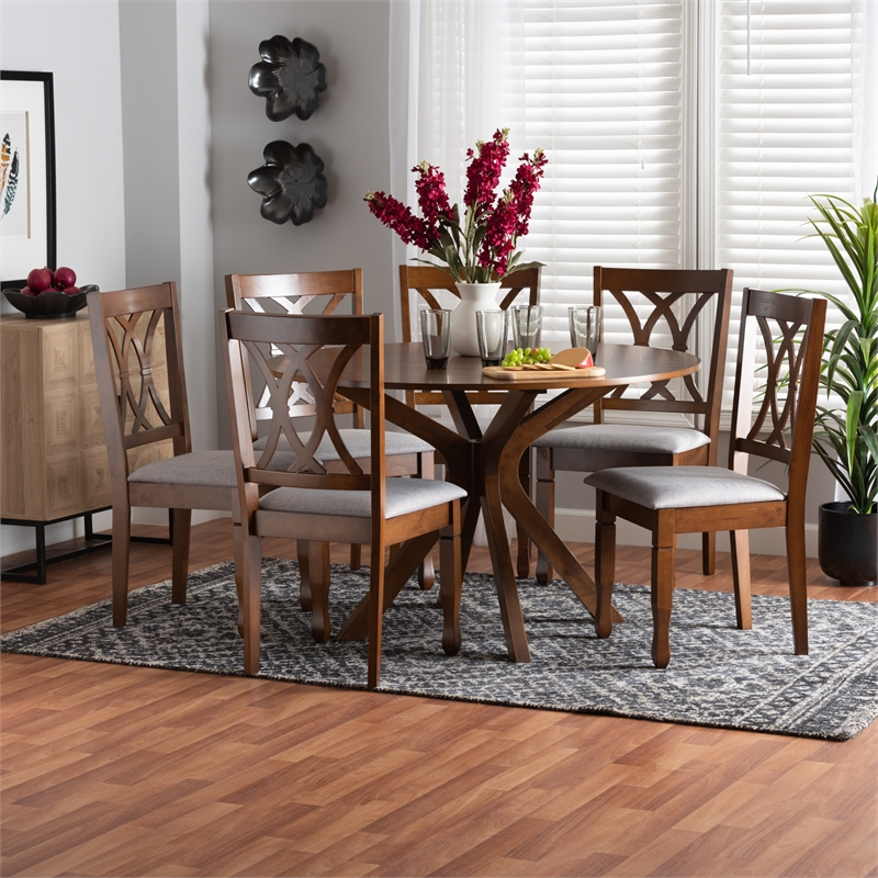 Baxton Studio Maya Grey Fabric and Walnut Brown Wood 7-Piece Dining Set