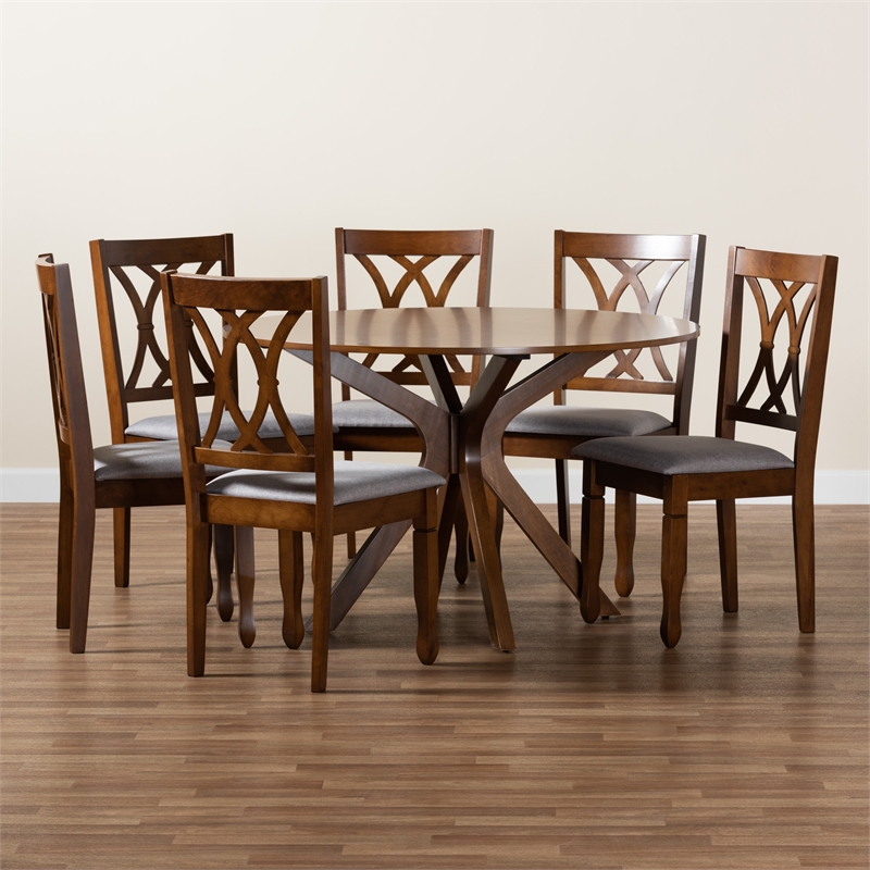 Baxton Studio Maya Grey Fabric and Walnut Brown Wood 7-Piece Dining Set