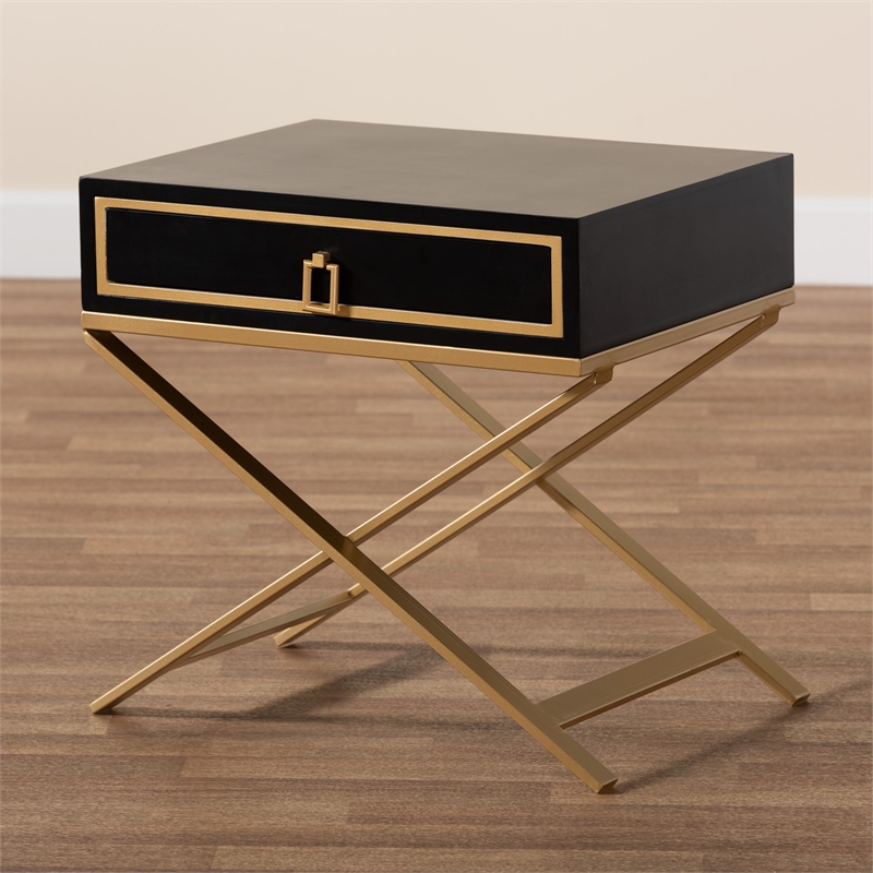 Baxton Studio Lilibet Black Finished Wood and Gold Metal 1-Drawer End Table