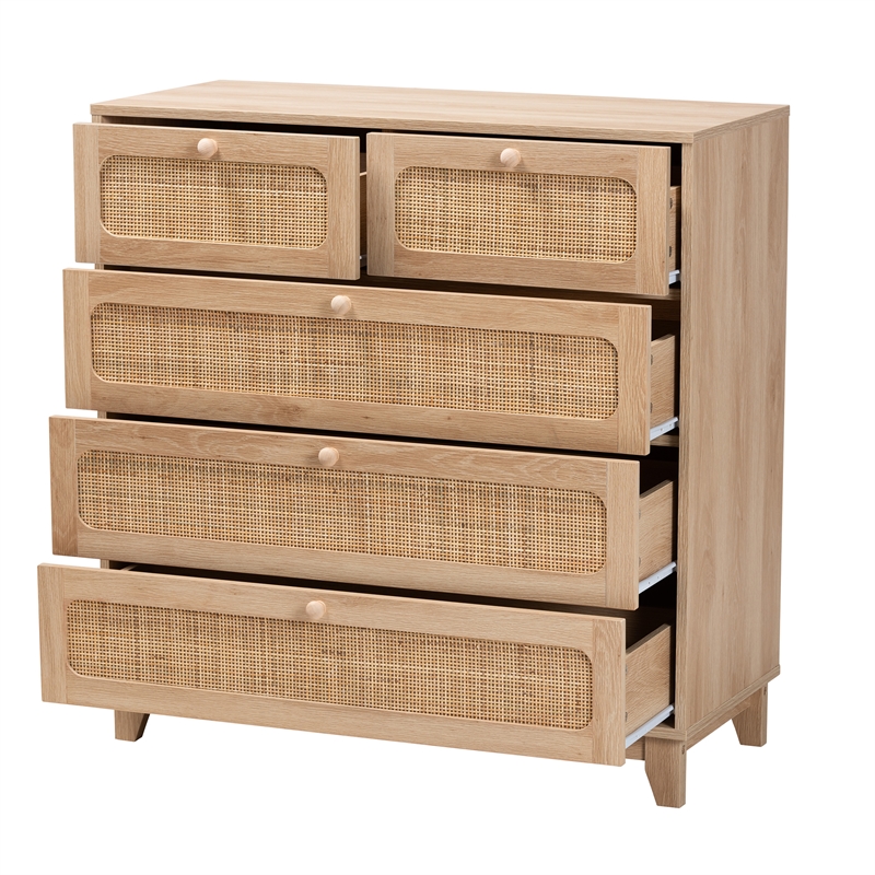 Baxton Studio Elsbeth Oak Brown Wood and Natural Rattan 5-Drawer Storage Cabinet