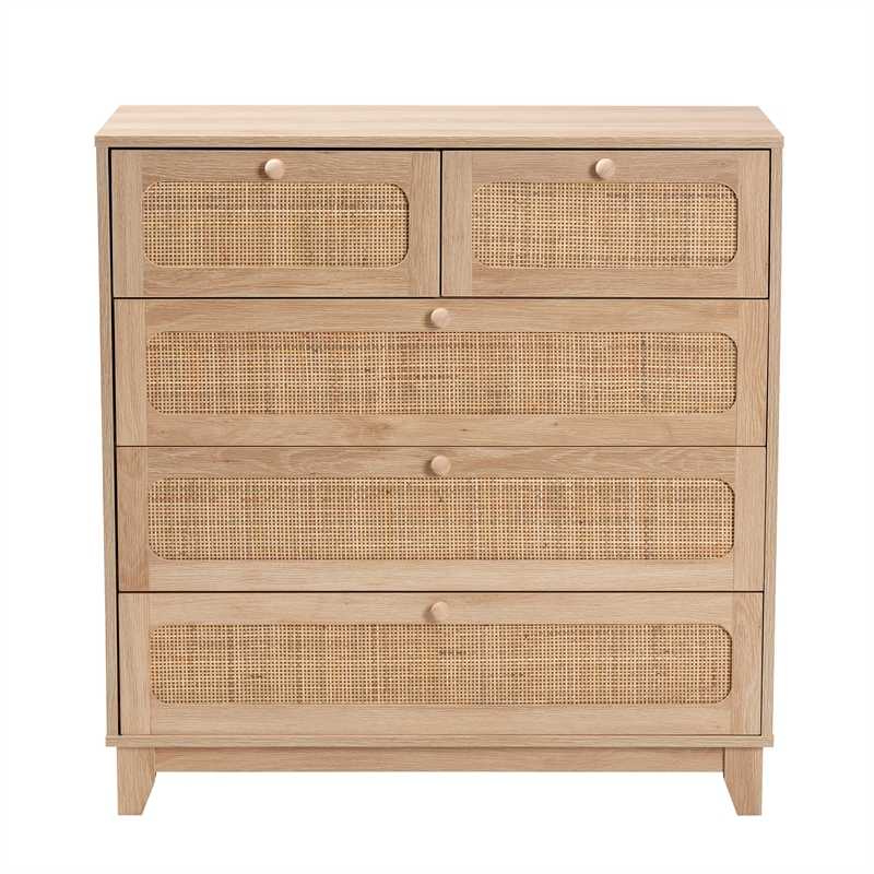 Baxton Studio Elsbeth Oak Brown Wood and Natural Rattan 5-Drawer Storage Cabinet