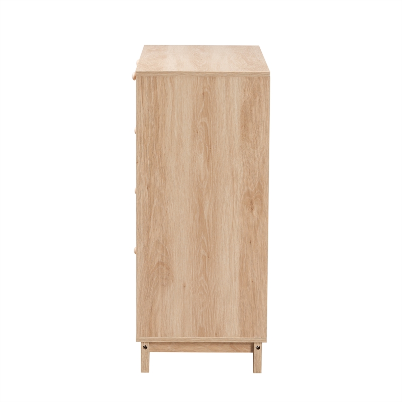 Baxton Studio Elsbeth Oak Brown Wood and Natural Rattan 5-Drawer Storage Cabinet