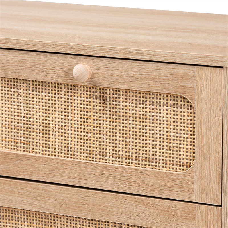 Baxton Studio Elsbeth Oak Brown Wood and Natural Rattan 5-Drawer Storage Cabinet