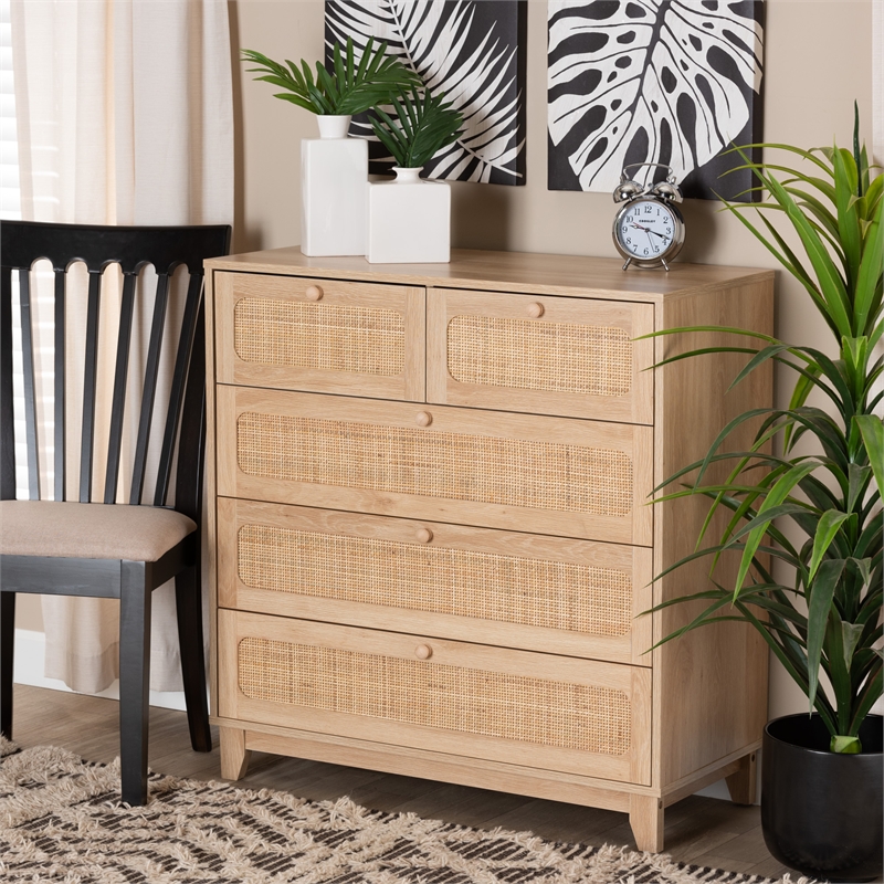 Baxton Studio Elsbeth Oak Brown Wood and Natural Rattan 5-Drawer Storage Cabinet