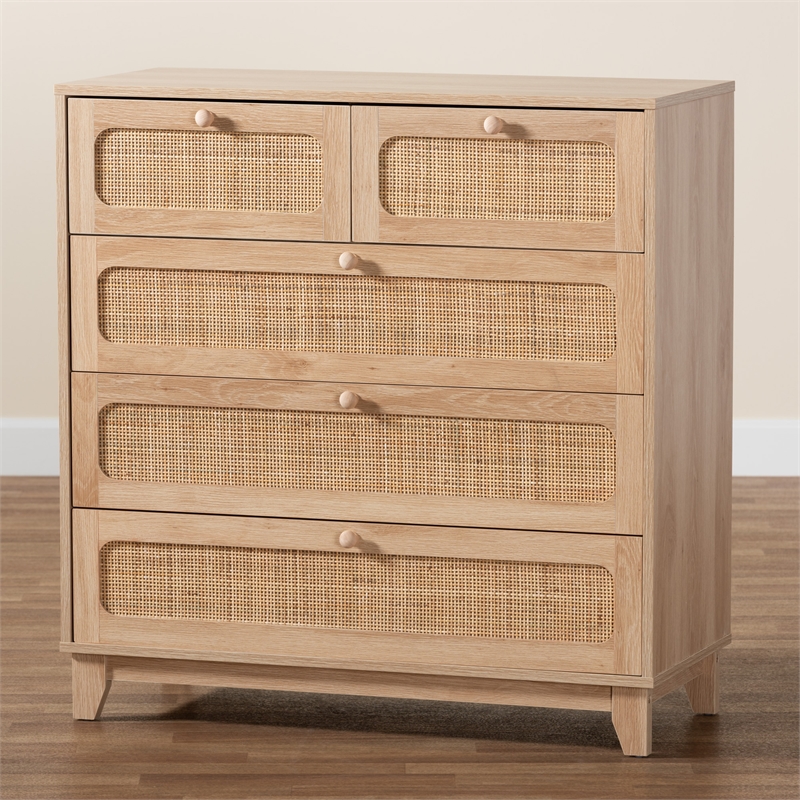 Baxton Studio Elsbeth Oak Brown Wood and Natural Rattan 5-Drawer Storage Cabinet